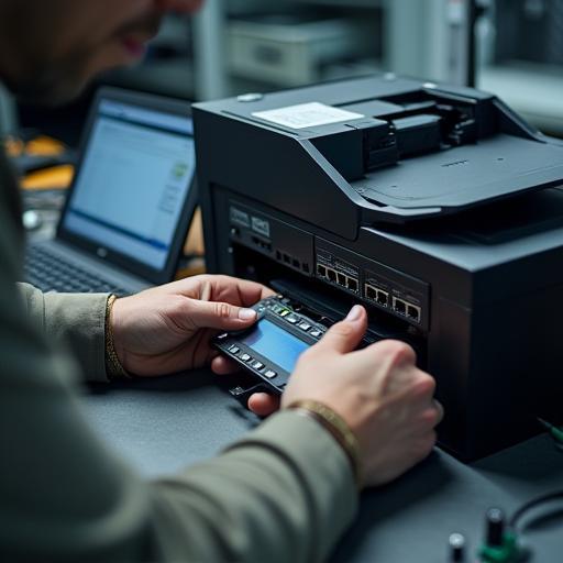 Engineer using diagnostic tools on workbench to repair a network printer
