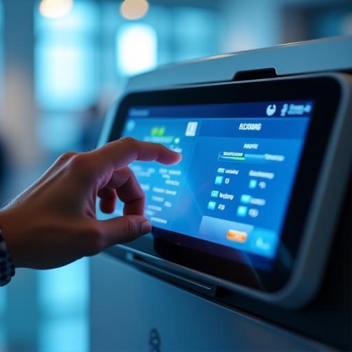 Technician optimizing energy-efficient firmware settings on printer